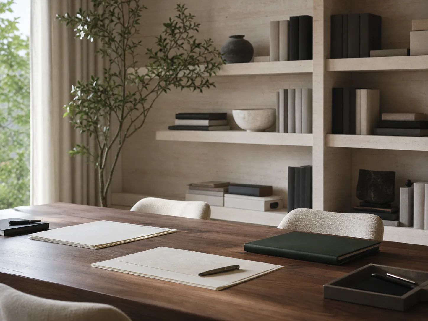 A quiet advisory library with planning materials in natural light