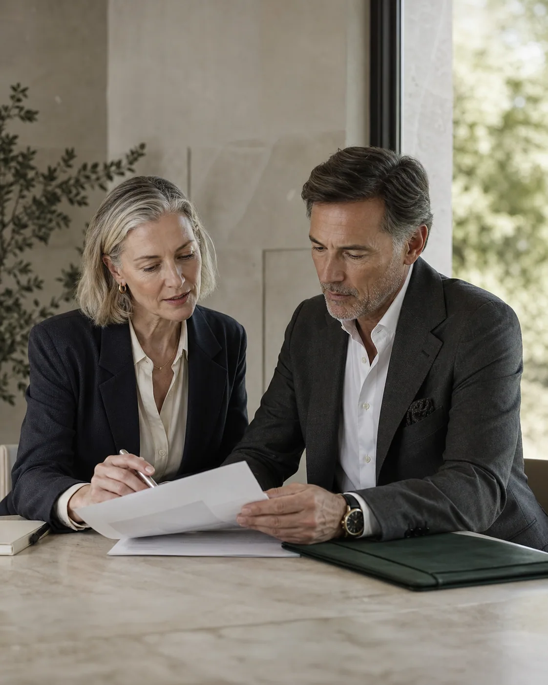 A fictional Aurevia advisor and client reviewing a long-term financial plan