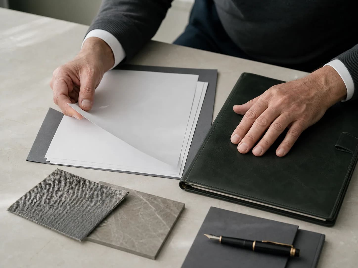 Organized planning papers beside a bound notebook and fountain pen