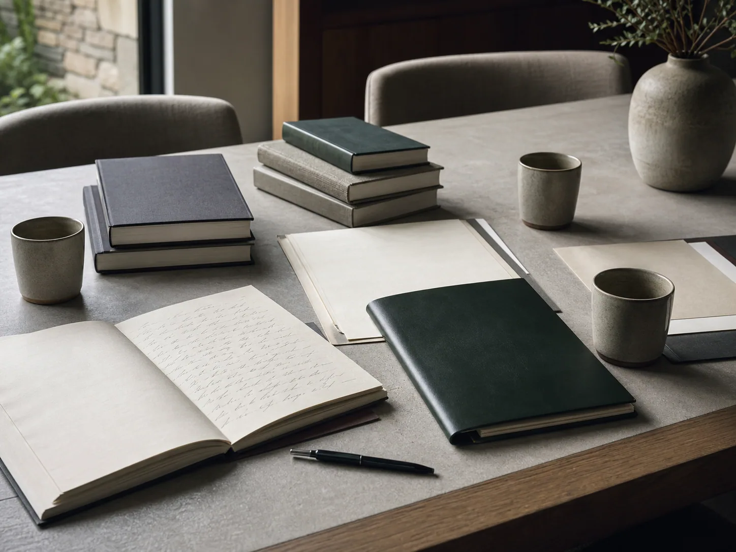 Bound archival documents and handwritten notes arranged for a family meeting