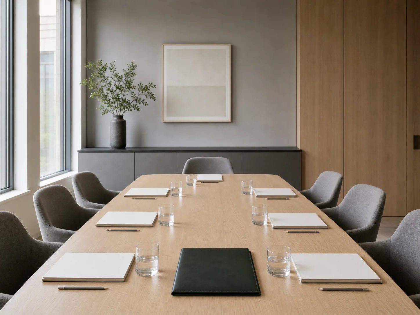 Board meeting materials arranged in a bright, quiet conference room